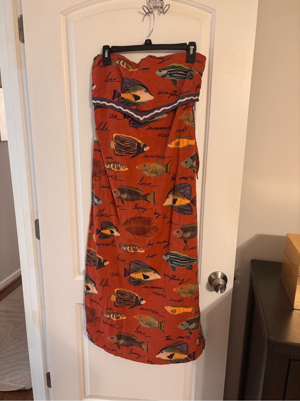 Rust Fish-Print Strapless Midi Dress
